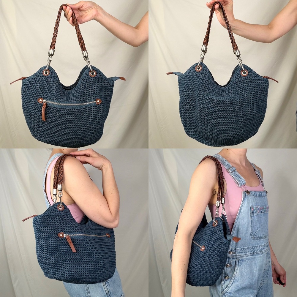 The Sak Indio Crochet Shoulder Bag Indigo Blue Braided Strap Hobo Purse Handbag - Picture 16 of 17